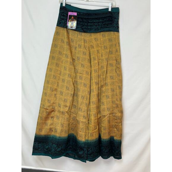NWT Junglee Billee Women’s Gold Green Tribal Print Kulot Pants Wide Leg Boho - Picture 1 of 9